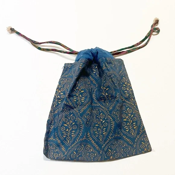 Chan Luu Drawstring Jewelry Travel or Gift Pouch Blue & Gold | 6” x 6” - Picture 7 of 9